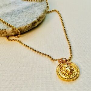 Lion head charm 24K gold plated ball chain 28” long